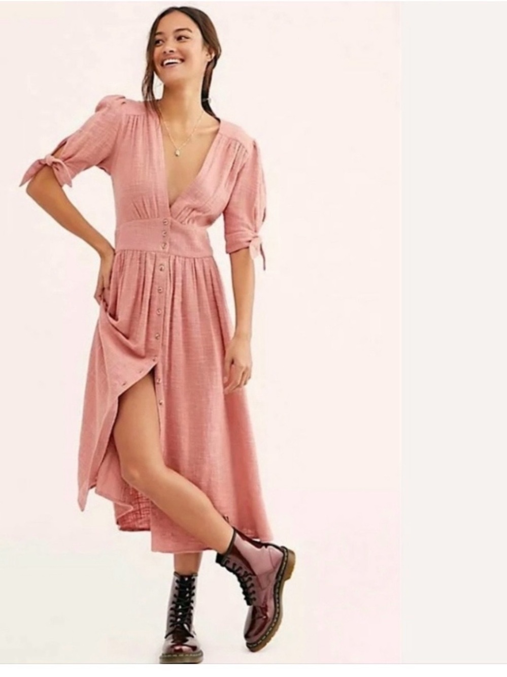 Free People Light of My Life Coral Button  Midi Dress